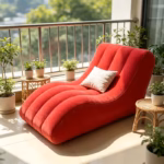 Red Flocked Inflatable Lounge Chair – Ergonomic Curved Recliner Sofa, Soft Upholstered Single Chaise for Living Room, Bedroom & Balcony - Image 3