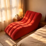 Red Flocked Inflatable Lounge Chair – Ergonomic Curved Recliner Sofa, Soft Upholstered Single Chaise for Living Room, Bedroom & Balcony - Image 2