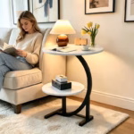 Curved Edge Wooden Marble Side Table, 2-Tier Round Sofa End Table with Black Metal Stand, Modern Decorative Nightstand for Living Room & Bedroom, Multifunctional Accent Table with Heavy-Duty Base - Image 5