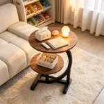 Curved Edge Wooden Marble Side Table, 2-Tier Round Sofa End Table with Black Metal Stand, Modern Decorative Nightstand for Living Room & Bedroom, Multifunctional Accent Table with Heavy-Duty Base - Image 6